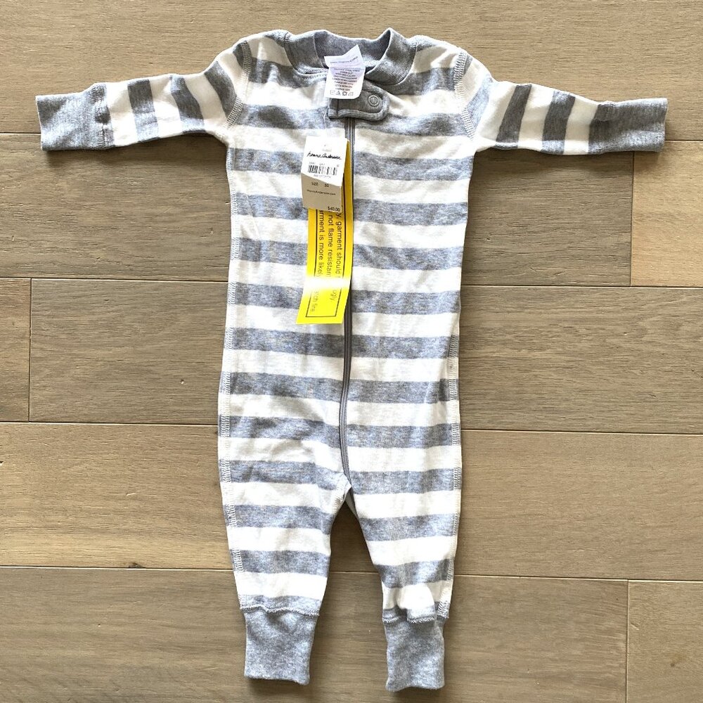NWT Hanna Andersson Heather Gray White Striped Organic Sleeper Pajamas 50 cm 0-3